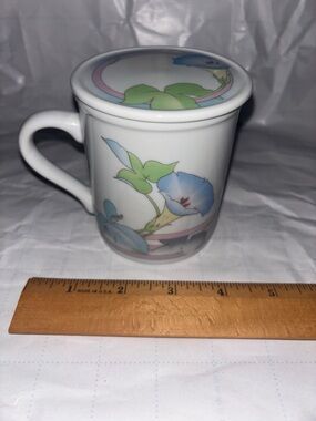 Toscany Collection Coffee Cup Mug & Lid Prelude Floral Japan Morning Glory Vtg